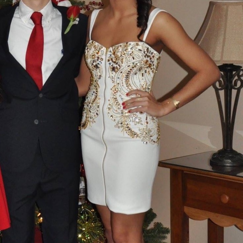 Sherri Hill Off White Dress Gold Detail, Size 2. - Picture 3 of 7